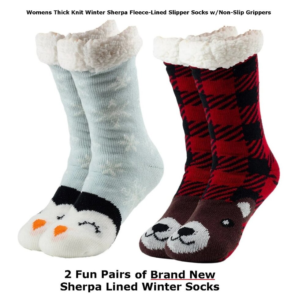 Premium Sherpa-Lined Fleece Lined Sock Slippers Thick Warm Knit NEW 2-Pack NWT